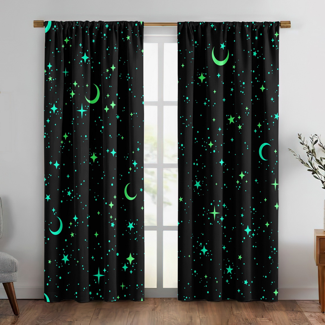 Baby Nursery Blackout Curtains - 2 Panel Karanlıkta Parlayan Yıldız Ay