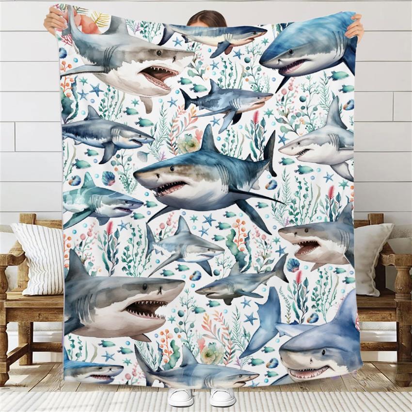 Baby Nursery Ocean Theme - Deniz Yaşamı Köpekbalığı Baskılı Battaniye, Kıyı