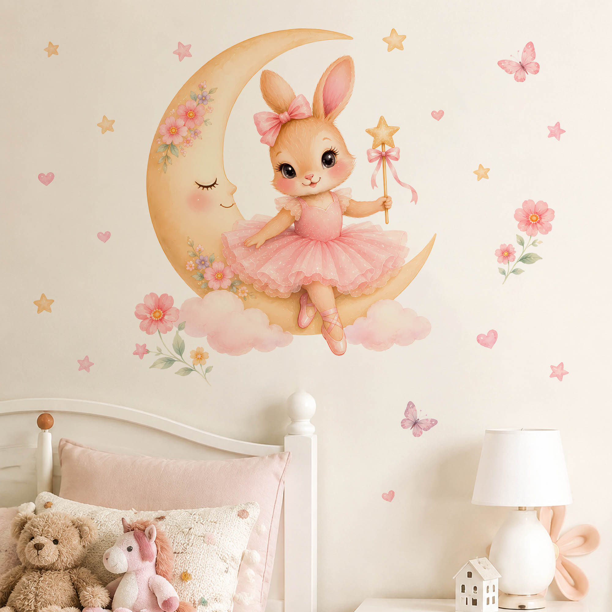 Baby Nursery Girl Room - Suluboya Balerin Tavşanlı Ay Duvar Çıkartmaları