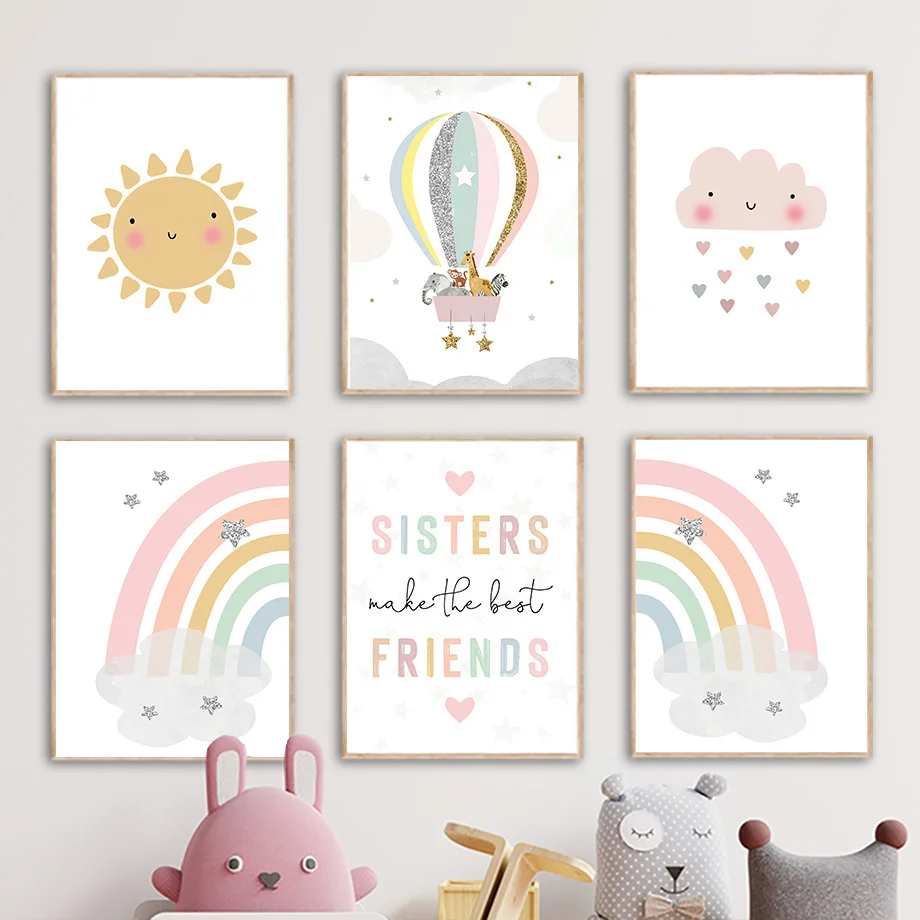 Baby Nursery Girl Room - Zürafa Fil Sıcak Balon Güneş Gökkuşağı