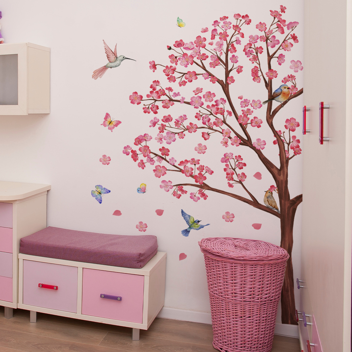 Baby Nursery Girl Room - Suluboya Kuş Çiçek Duvar Çıkartmaları Oturma