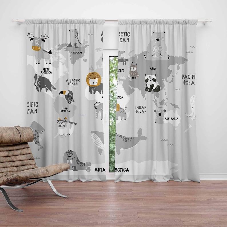 Baby Nursery Blackout Curtains - Dünya Haritası Kreş Perdeleri Safari Hayvanları