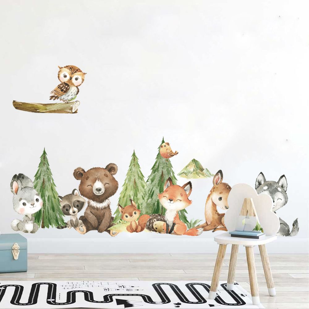 Baby Nursery Furniture - Karikatür Suluboya Orman Hayvan Duvar Sticker