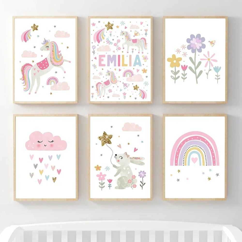 Baby Nursery Girl Room - Pembe Unicorn Tavşan Gökkuşağı Bulut Çiçek
