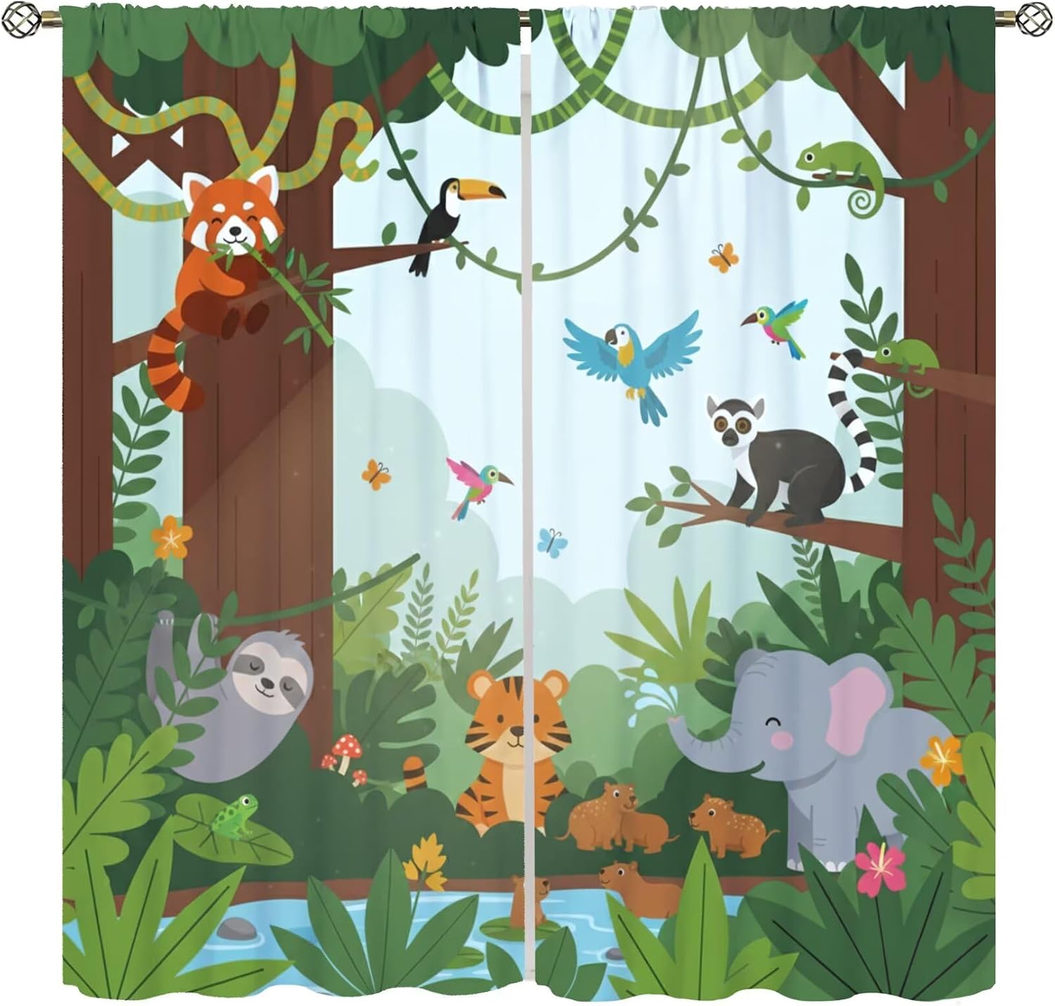 Baby Nursery Curtains - Estetik Tropikal Orman Hayvanı Desenli Perde,