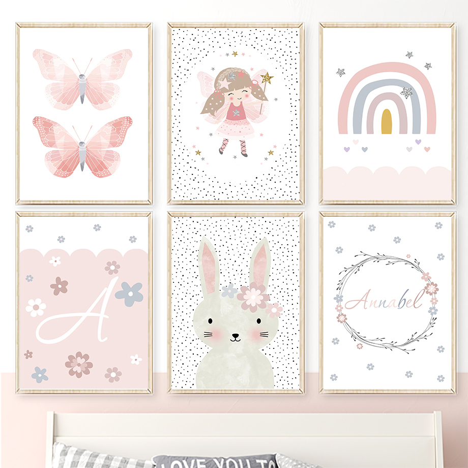 Baby Nursery Girl Room - Sevimli Kız Tavşan Çiçek Kelebek Gökkuşağı