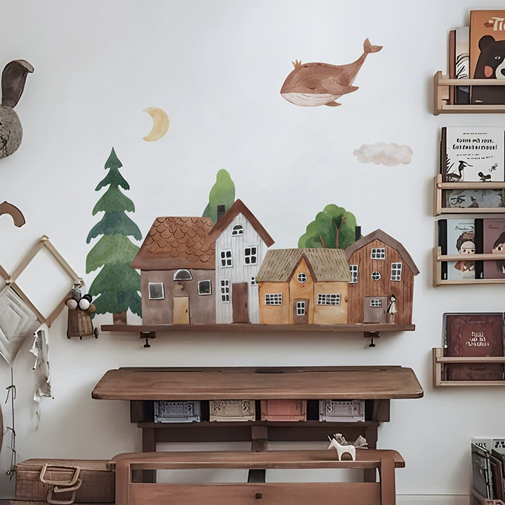 Baby Nursery Wall Mural - Kumaş karikatür orman eski şehir duvar